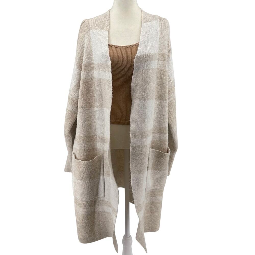 Time and Tru Double Knit Duster Cardigan Womens XXL White Tan Oatmeal Plaid Open